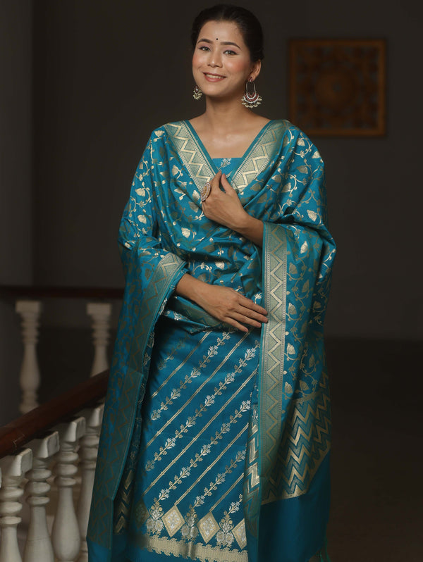 Banarasee Semi-Silk Salwar Kameez Fabric With Dupatta Set-Teal Blue