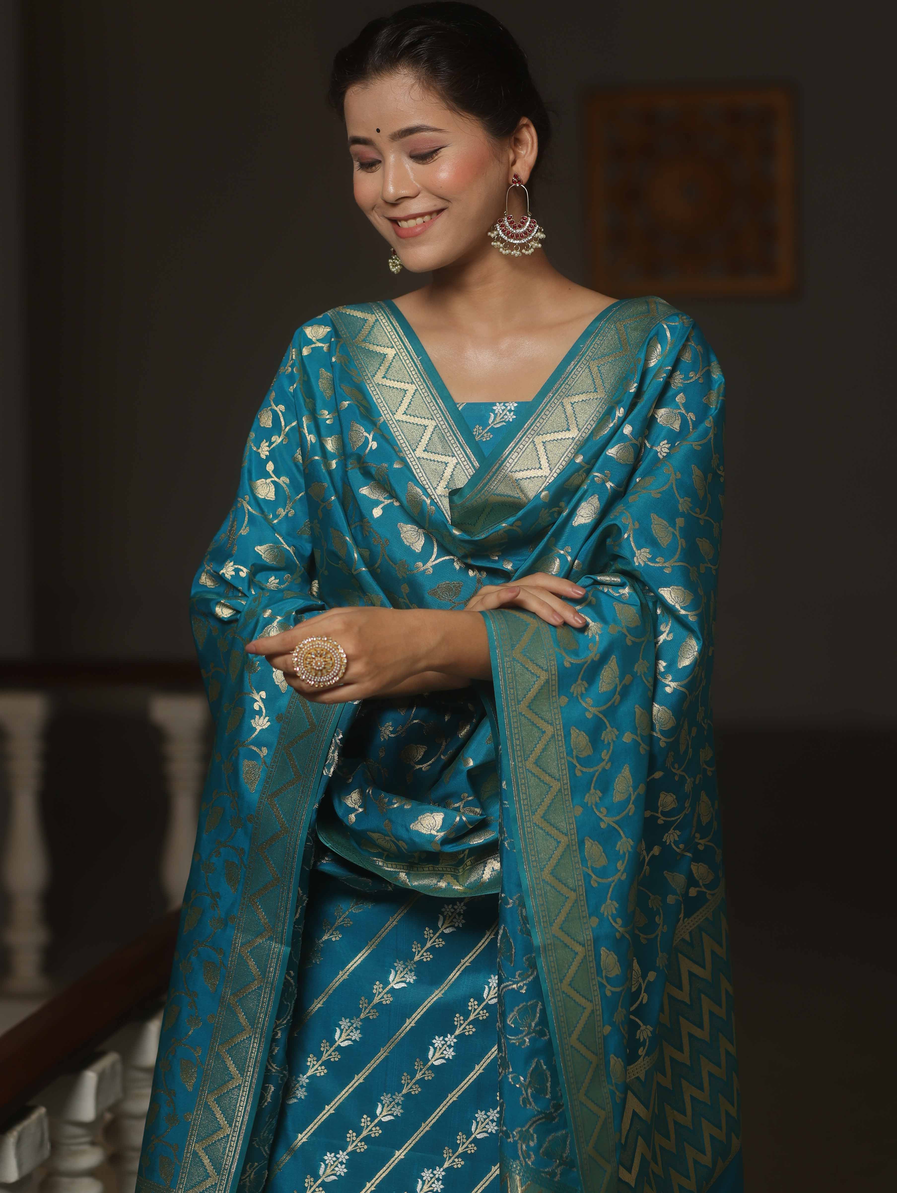 Banarasee Semi-Silk Salwar Kameez Fabric With Dupatta Set-Teal Blue