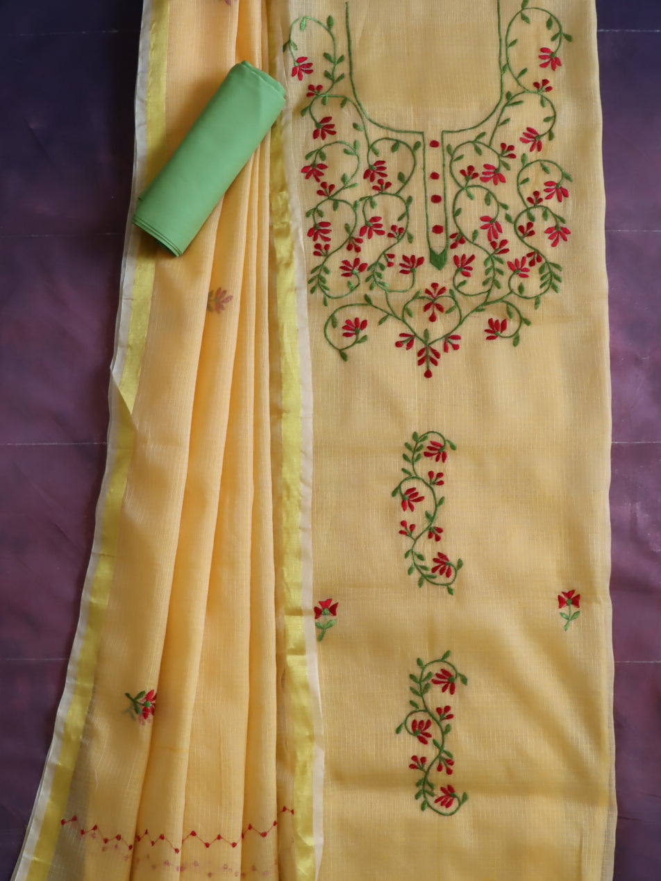 Banarasee Kota Doria Hand-Embroidered Salwar Kameez With Dupatta Set-Yellow