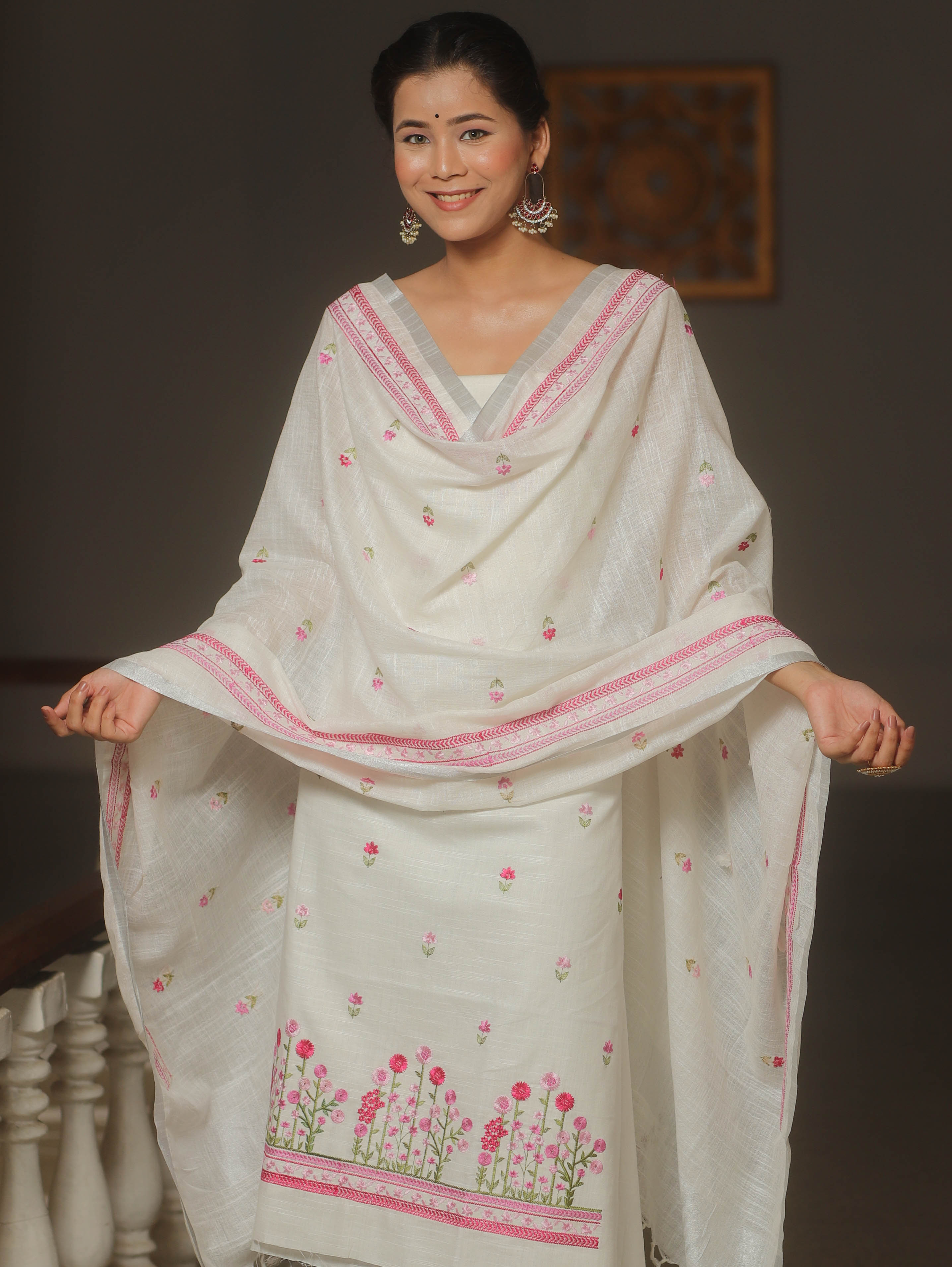 Banarasee Embroidered Linen Cotton Salwar Kameez Fabric With Dupatta-White