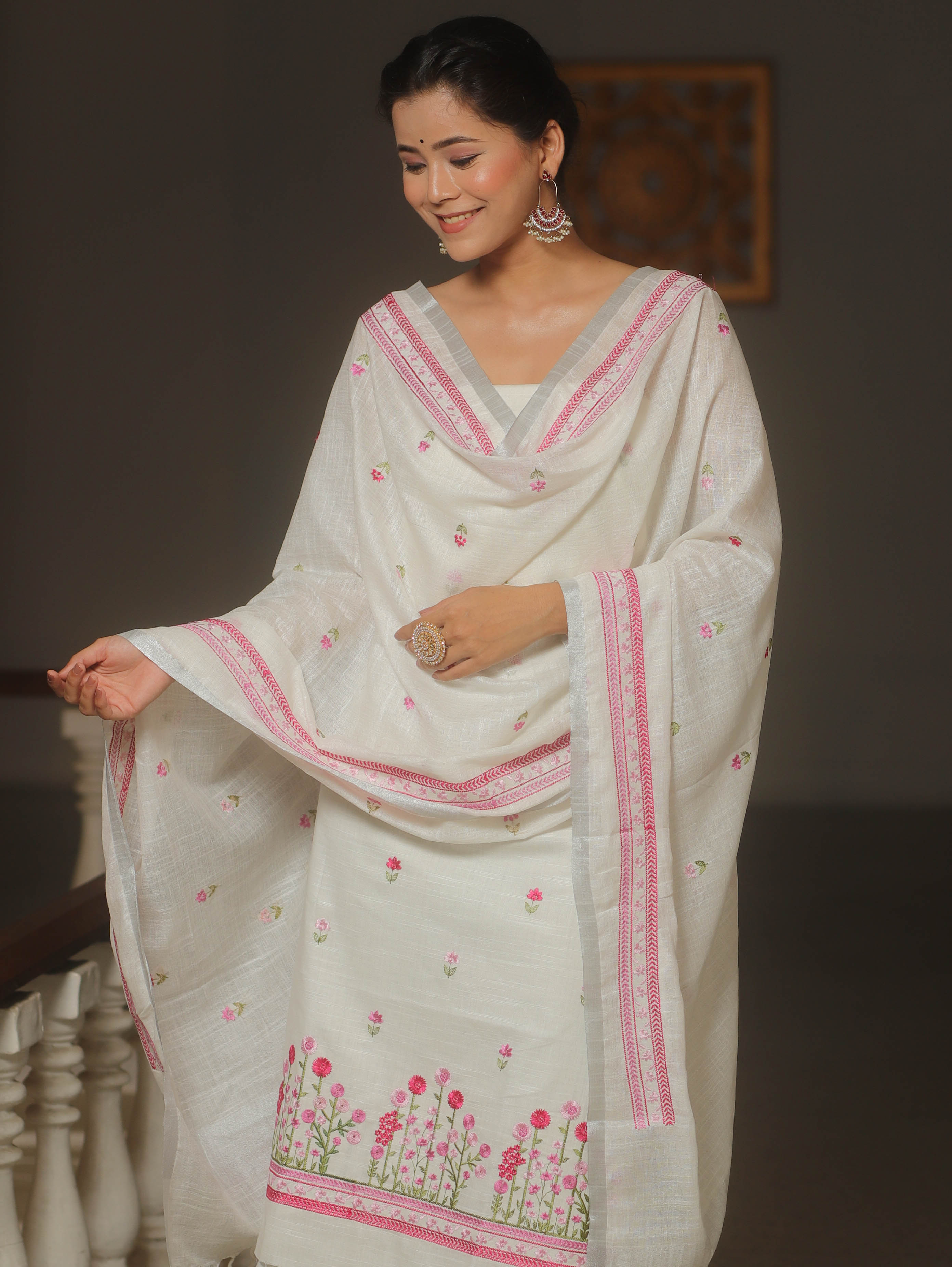 Banarasee Embroidered Linen Cotton Salwar Kameez Fabric With Dupatta-White