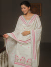 Banarasee Embroidered Linen Cotton Salwar Kameez Fabric With Dupatta-White