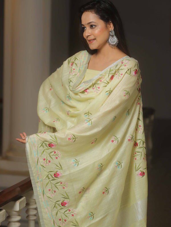 Banarasee Embroidered Linen Cotton Salwar Kameez Fabric With Dupatta-Light Green