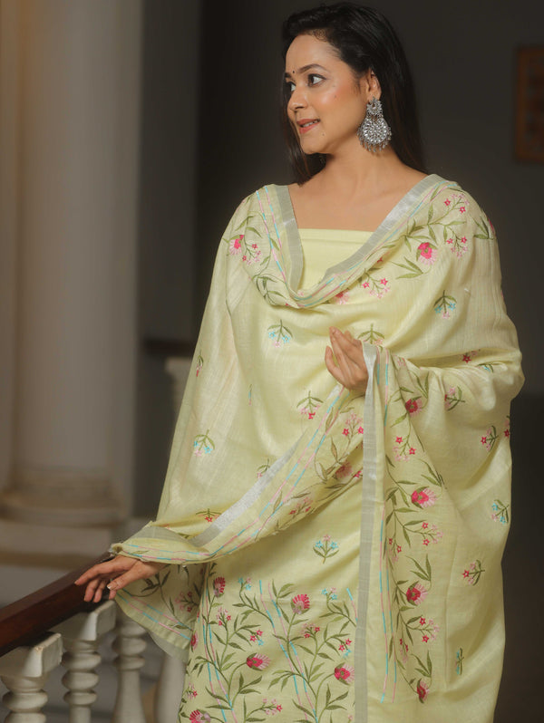 Banarasee Embroidered Linen Cotton Salwar Kameez Fabric With Dupatta-Light Green