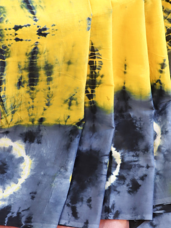 Handloom Mul Cotton Shibori Dyed Saree-Yellow & Grey