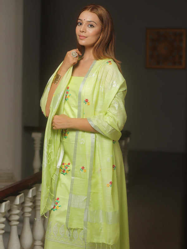 Banarasee Embroidered Linen Cotton Salwar Kameez Fabric With Dupatta-Light Green