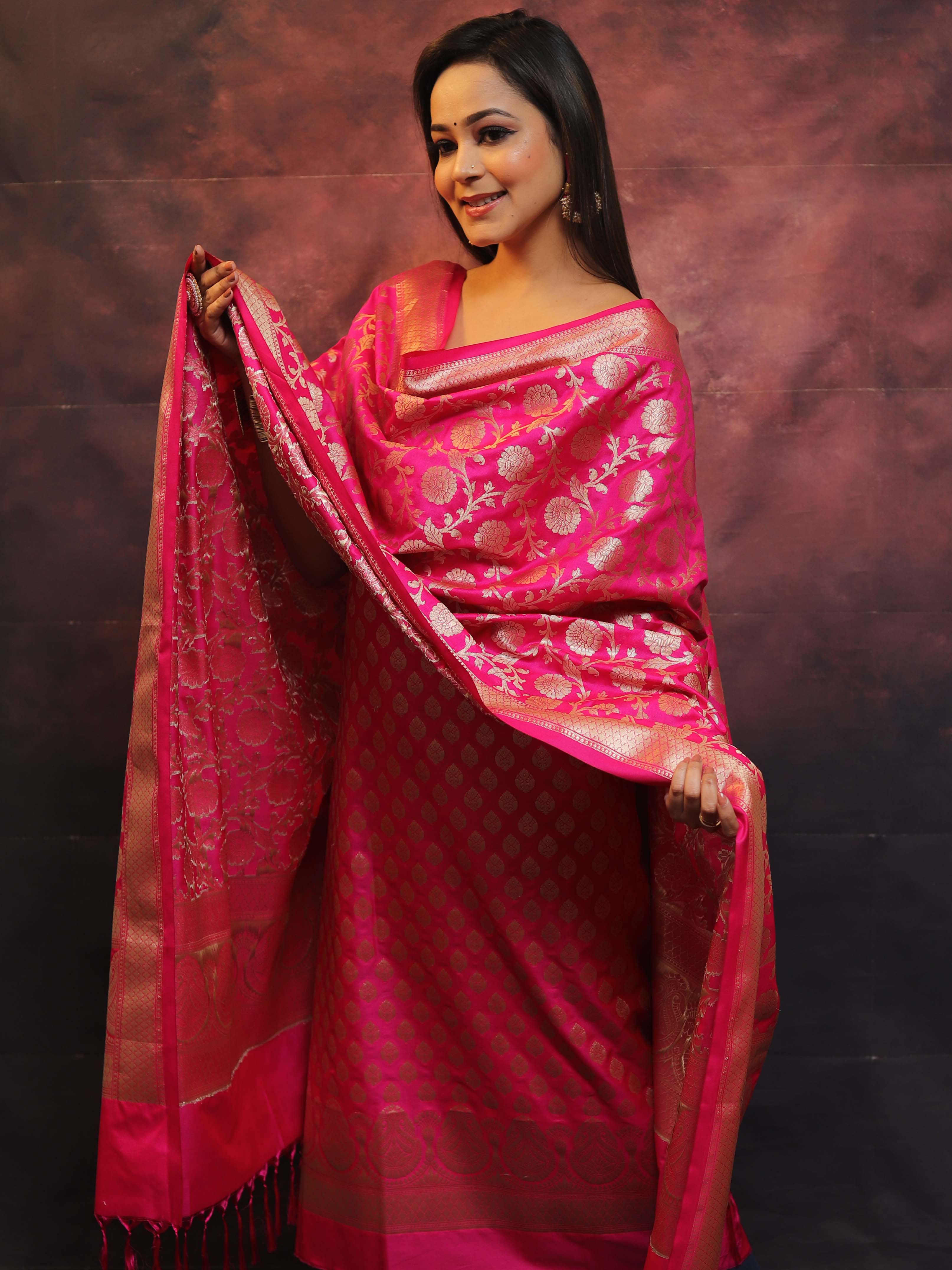 Banarasee Salwar Kameez Semi Katan Silk Fabric With Zari Work-Pink