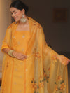 Banarasee Chanderi Zari Buti Salwar Kameez Fabric With Organza Handpaint Dupatta Set-Yellow