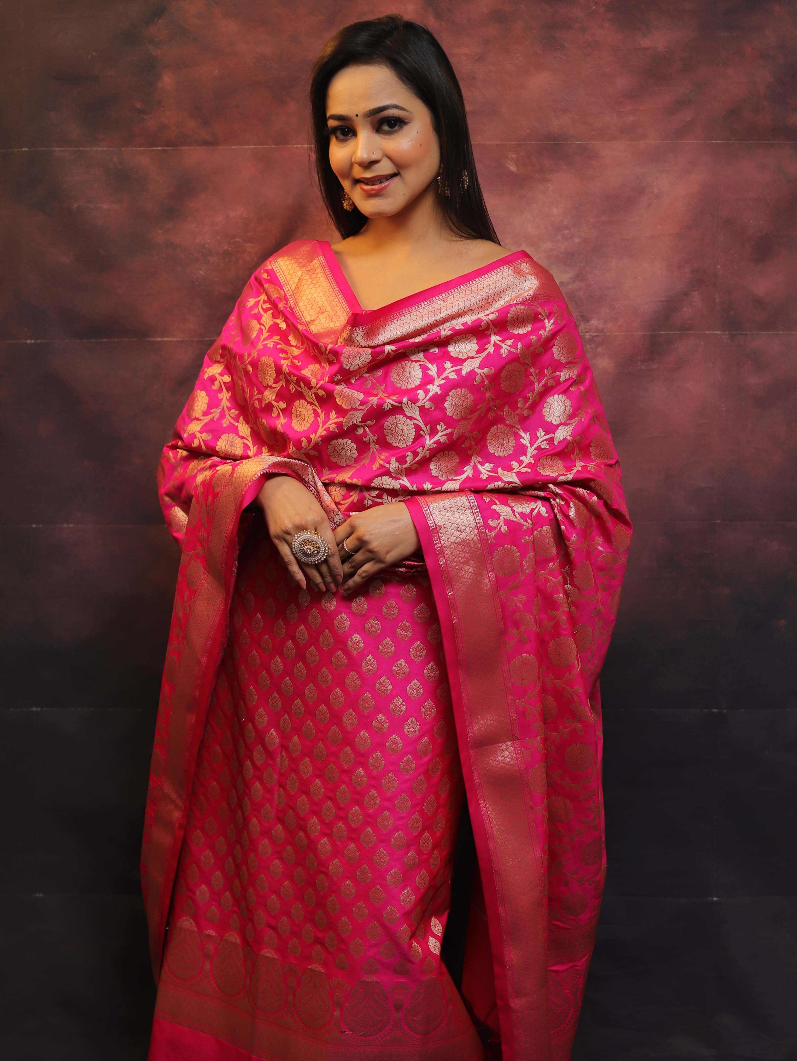 Banarasee Salwar Kameez Semi Katan Silk Fabric With Zari Work-Pink