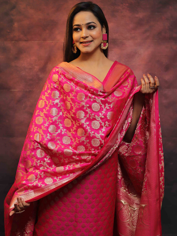 Banarasee Salwar Kameez Semi Katan Silk Fabric With Zari Work-Pink