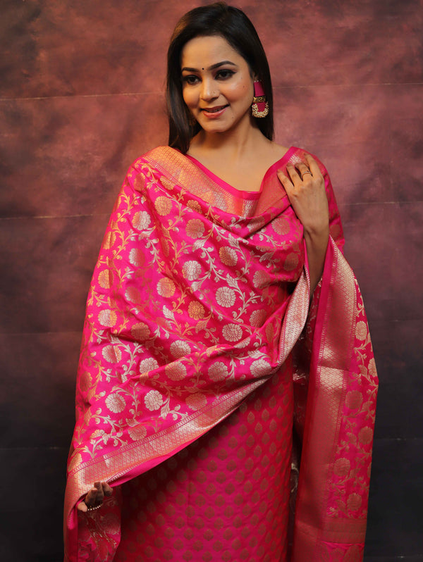 Banarasee Salwar Kameez Semi Katan Silk Fabric With Zari Work-Pink