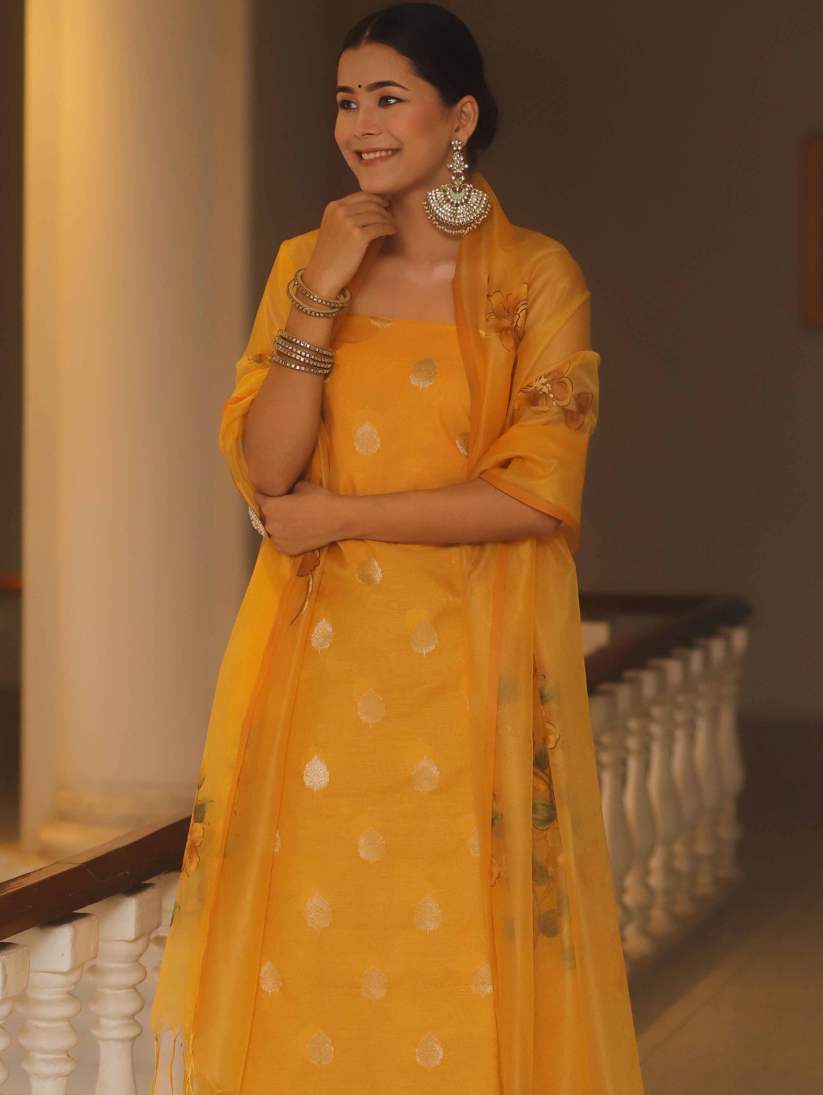 Banarasee Chanderi Zari Buti Salwar Kameez Fabric With Organza Handpaint Dupatta Set-Yellow