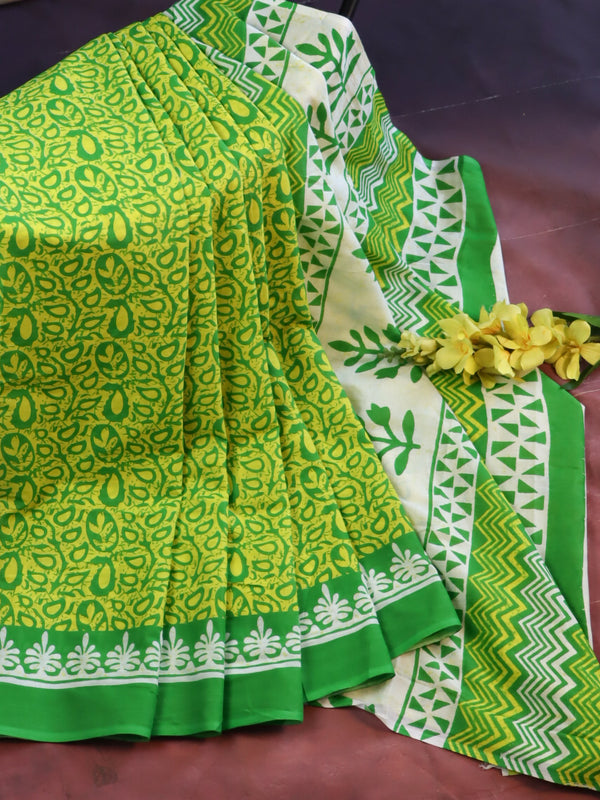 Handloom Mul Cotton Hand-Block Print Saree-Green