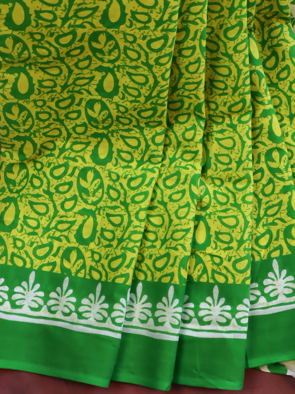 Handloom Mul Cotton Hand-Block Print Saree-Green