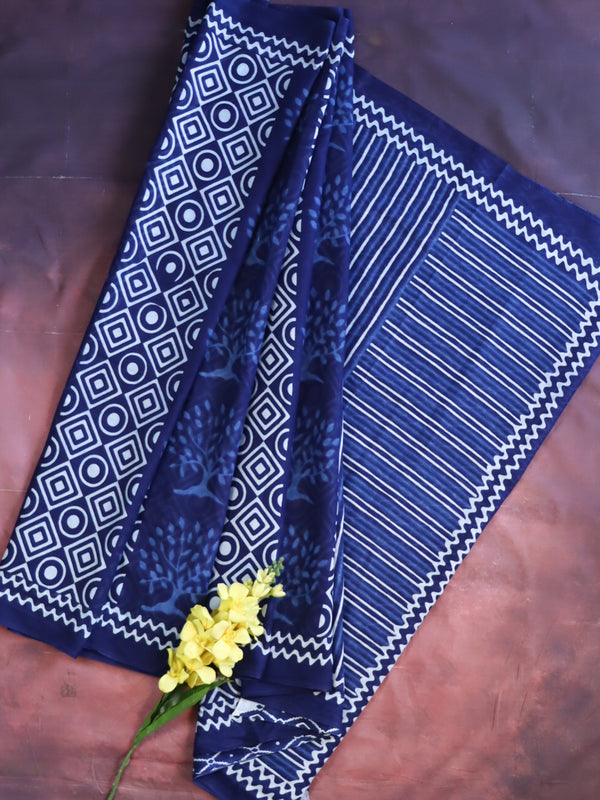 Handloom Mul Cotton Hand-Block Print Saree-Blue