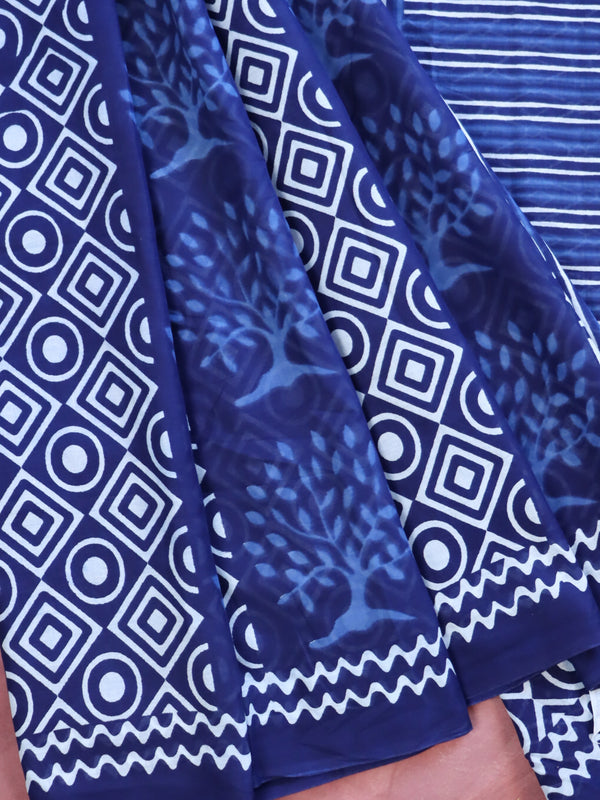 Handloom Mul Cotton Hand-Block Print Saree-Blue