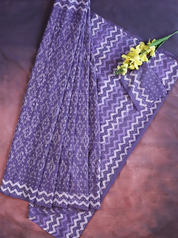 Handloom Mul Cotton Hand-Block Print Saree-Purple