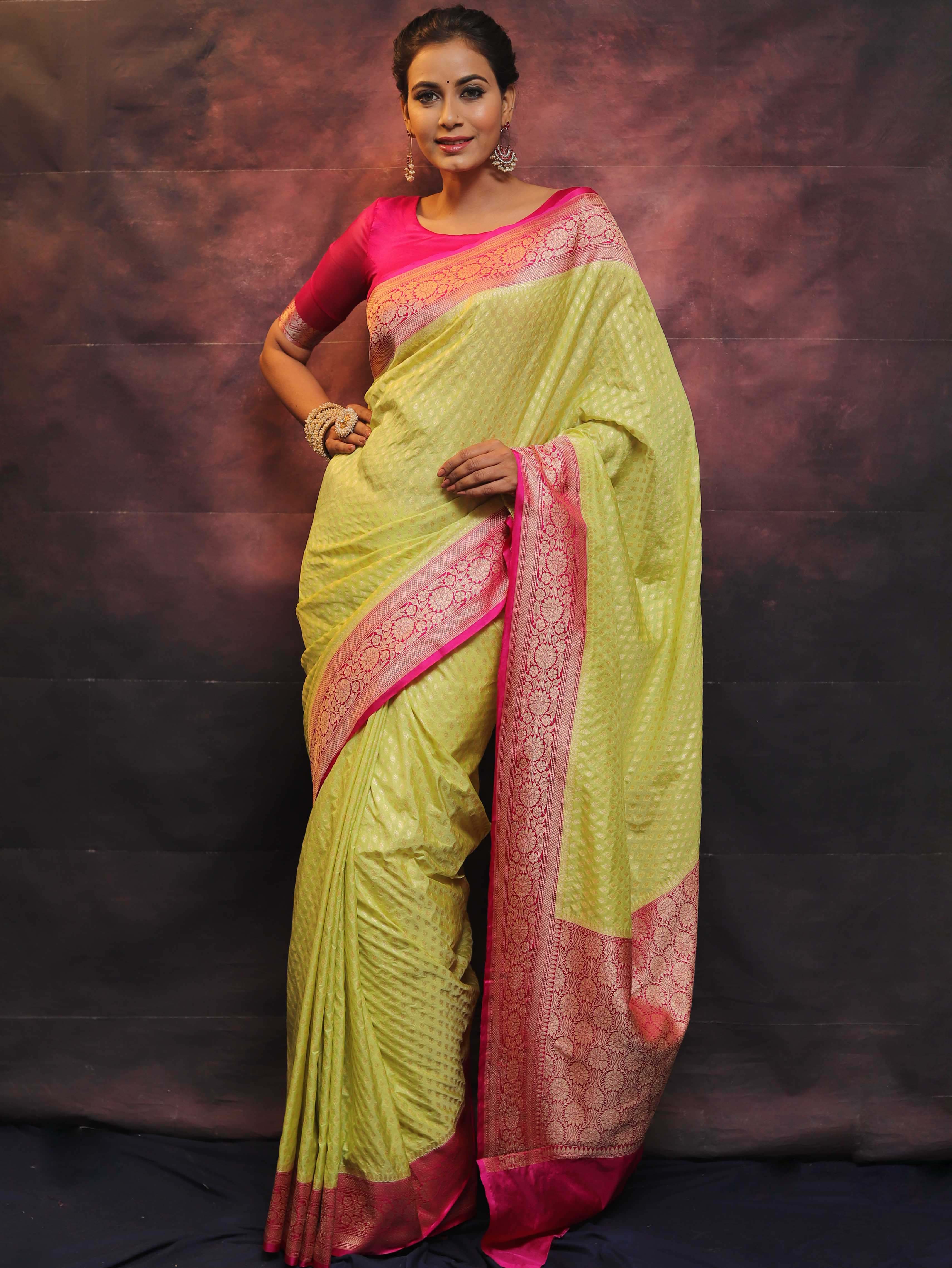 Banarasee Semi-Katan Zari Buta Saree-Yellow & Pink