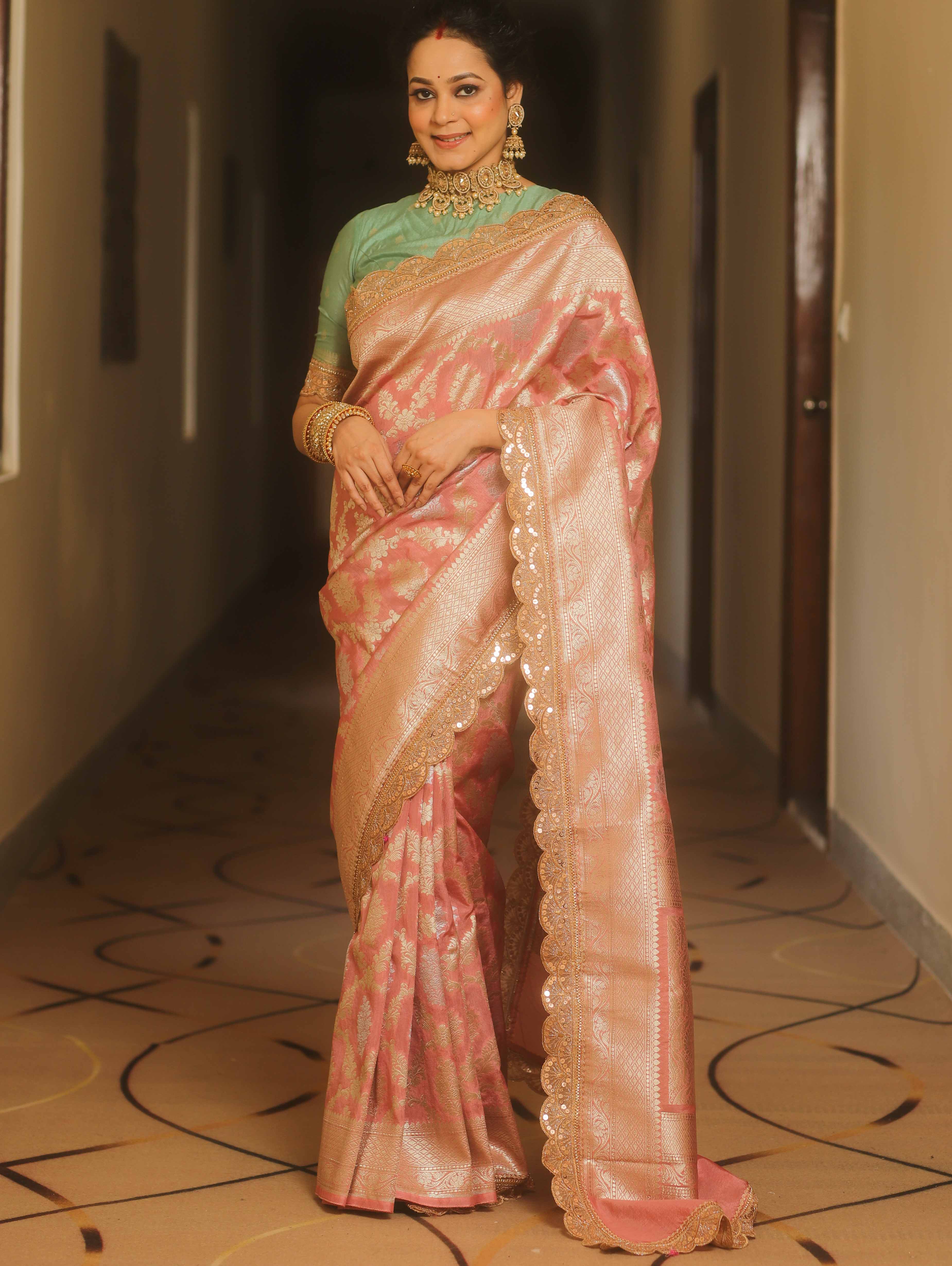 Banarasee Handwoven Georgette Saree Zari Jaal Design With Lace-Onion Pink