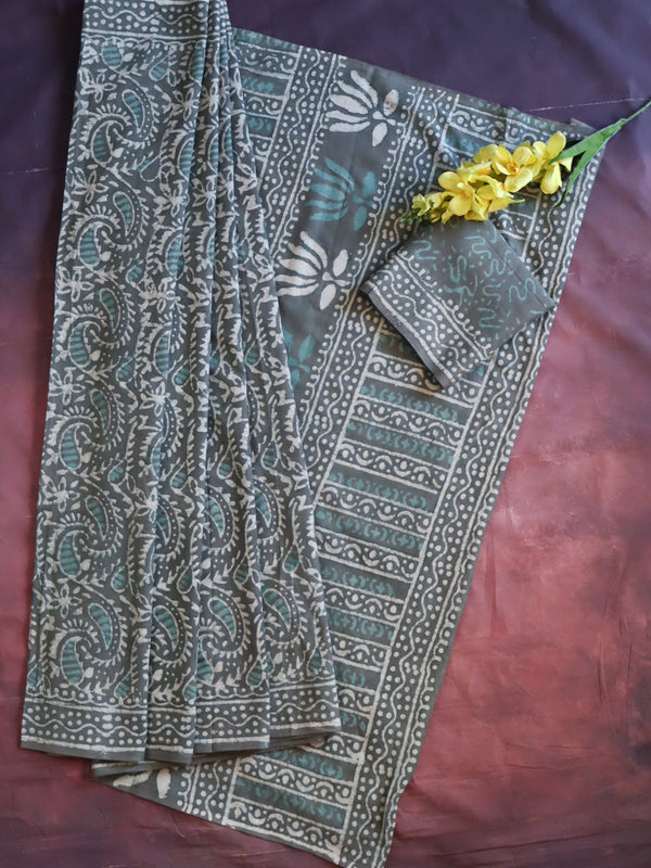 Handloom Mul Cotton Hand-Block Print Saree-Green