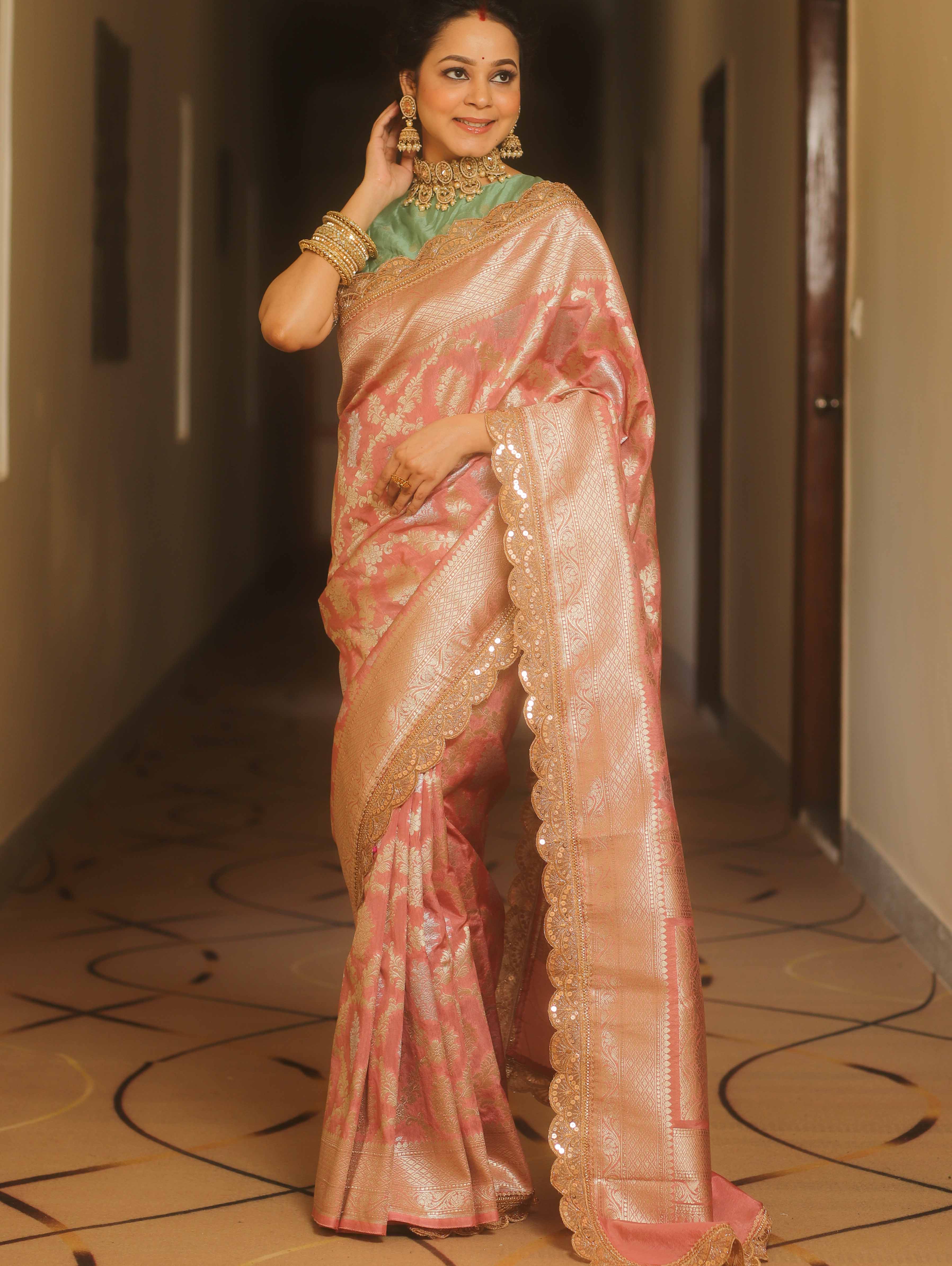 Banarasee Handwoven Georgette Saree Zari Jaal Design With Lace-Onion Pink