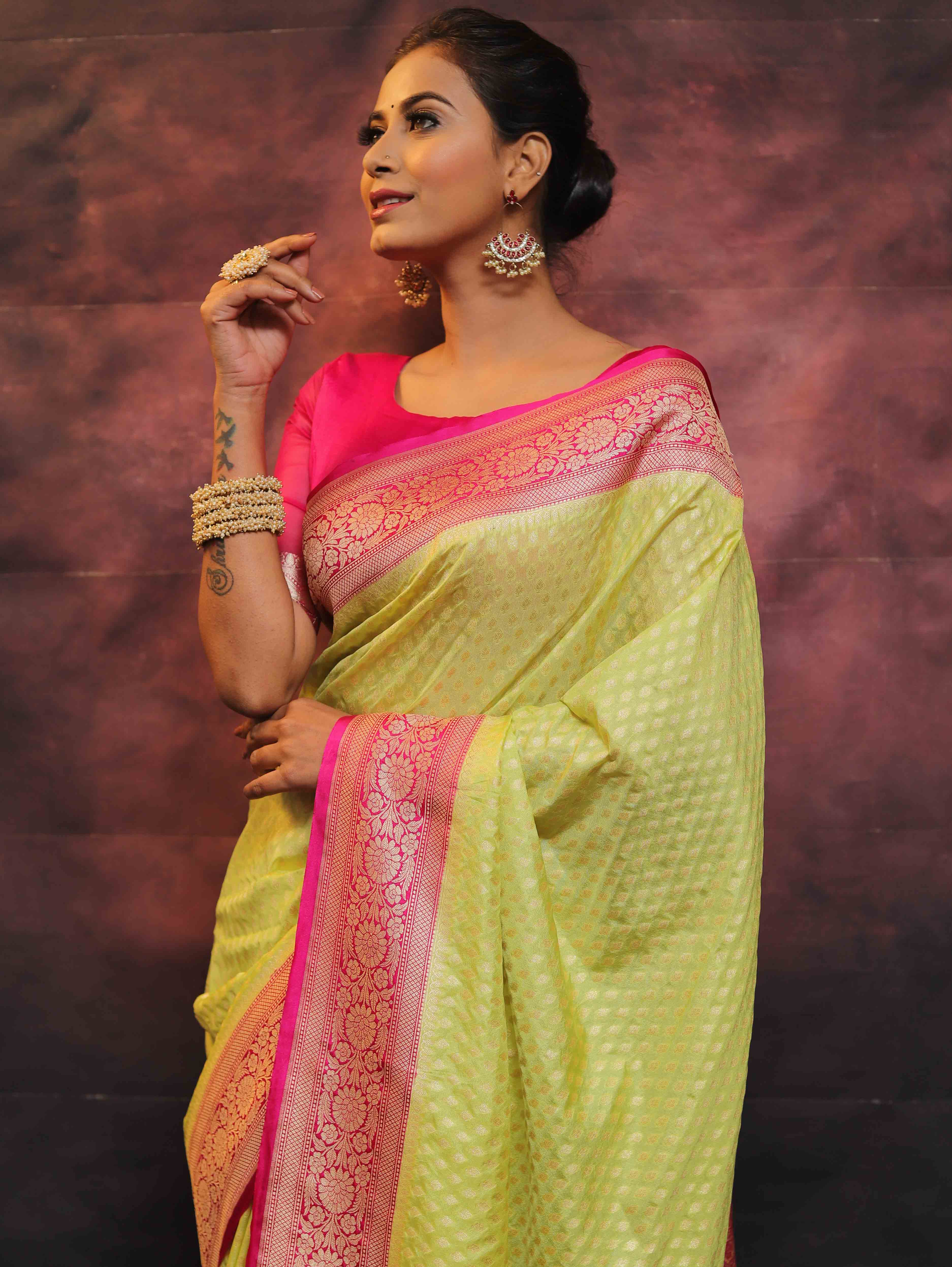 Banarasee Semi-Katan Zari Buta Saree-Yellow & Pink