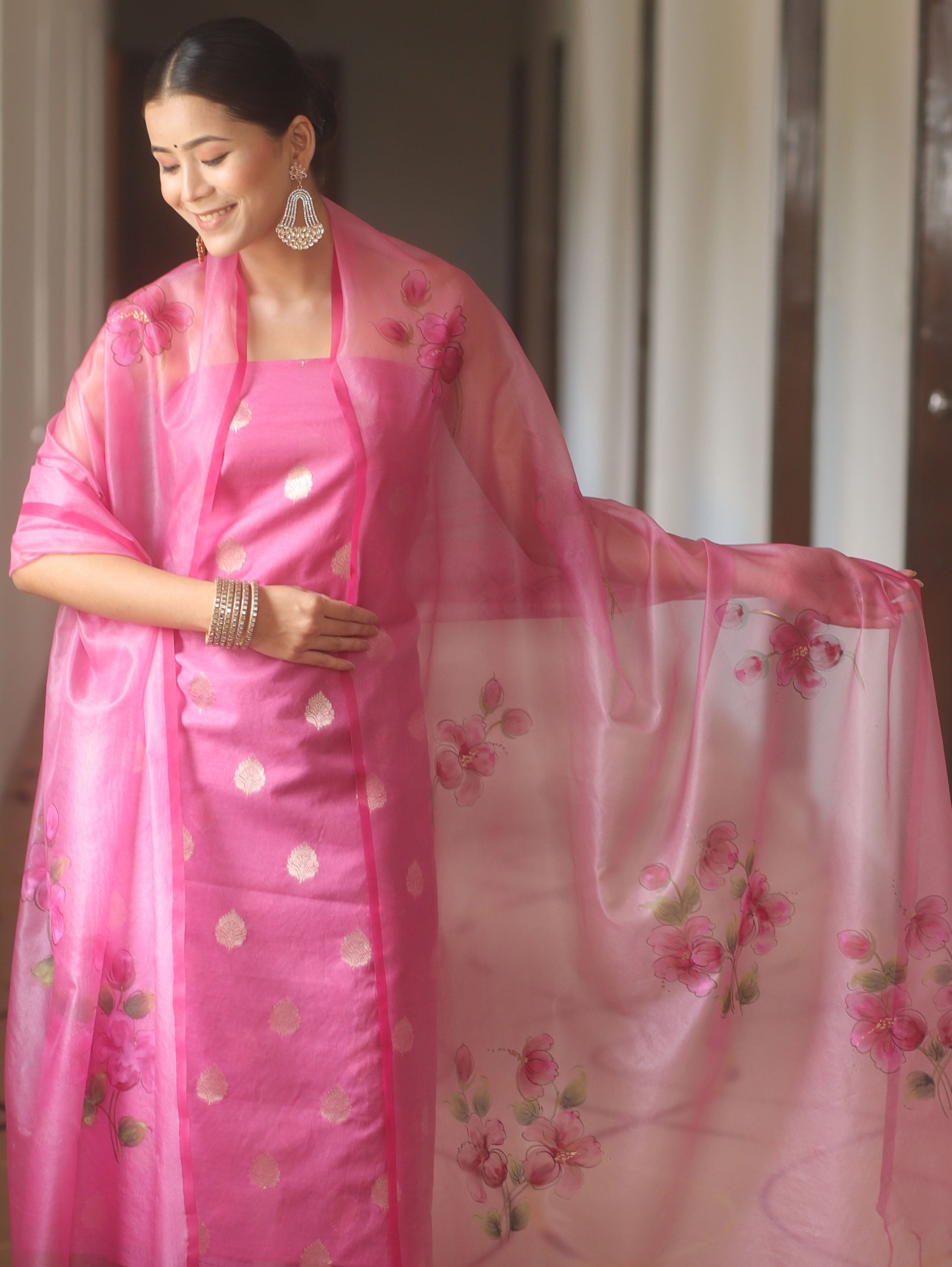 Banarasee Chanderi Zari Buti Salwar Kameez Fabric With Organza Handpaint Dupatta Set-Pink