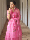 Banarasee Chanderi Zari Buti Salwar Kameez Fabric With Organza Handpaint Dupatta Set-Pink