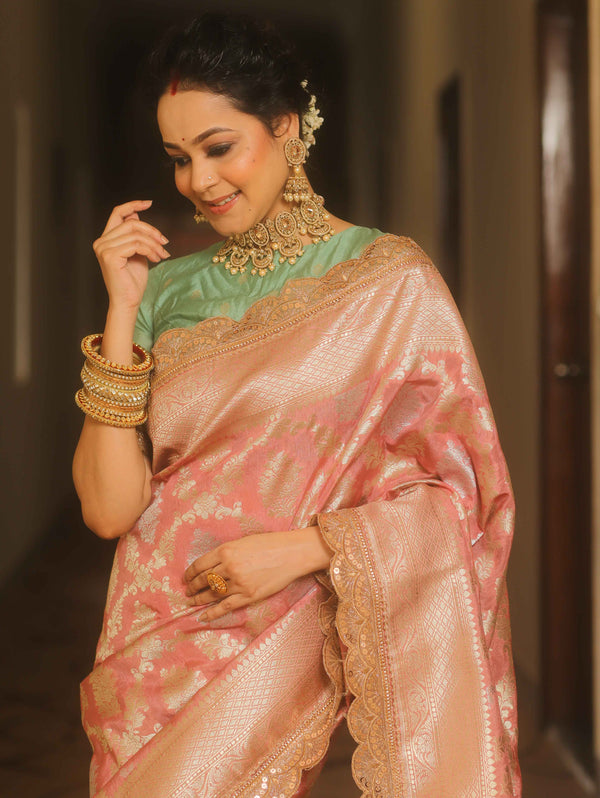 Banarasee Handwoven Georgette Saree Zari Jaal Design With Lace-Onion Pink