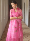 Banarasee Chanderi Zari Buti Salwar Kameez Fabric With Organza Handpaint Dupatta Set-Pink