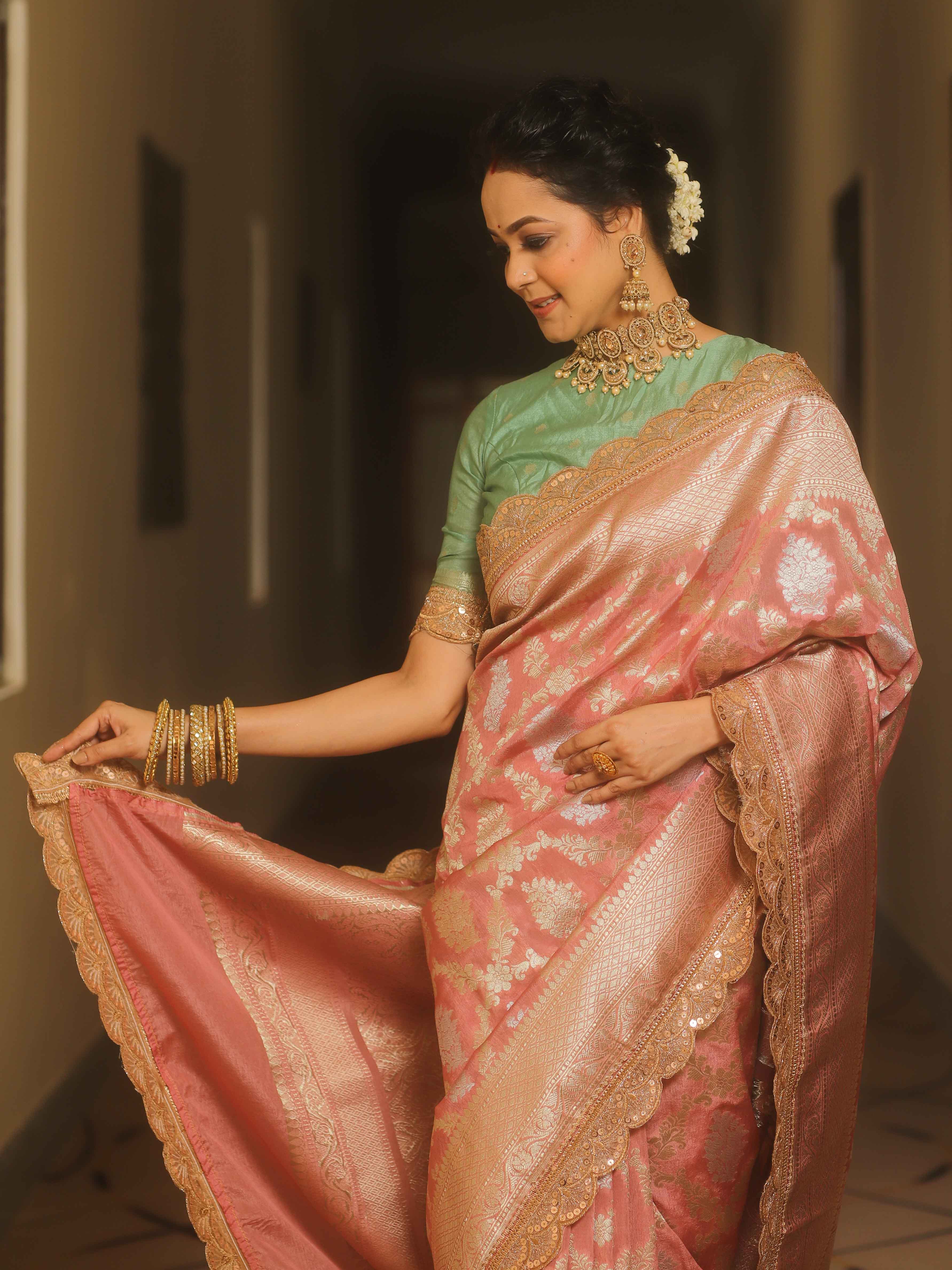 Banarasee Handwoven Georgette Saree Zari Jaal Design With Lace-Onion Pink