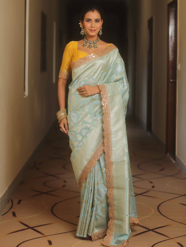 Banarasee Handwoven Georgette Saree Zari Jaal Design With Lace-Pastel Blue