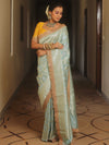 Banarasee Handwoven Georgette Saree With Zari Jaal Lace Border & Contrast Blouse-Pastel Blue