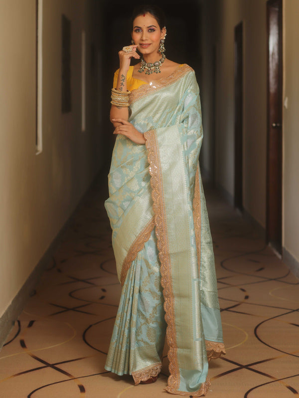 Banarasee Handwoven Georgette Saree With Zari Jaal Lace Border & Contrast Blouse-Pastel Blue