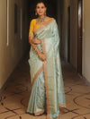 Banarasee Handwoven Georgette Saree With Zari Jaal Lace Border & Contrast Blouse-Pastel Blue