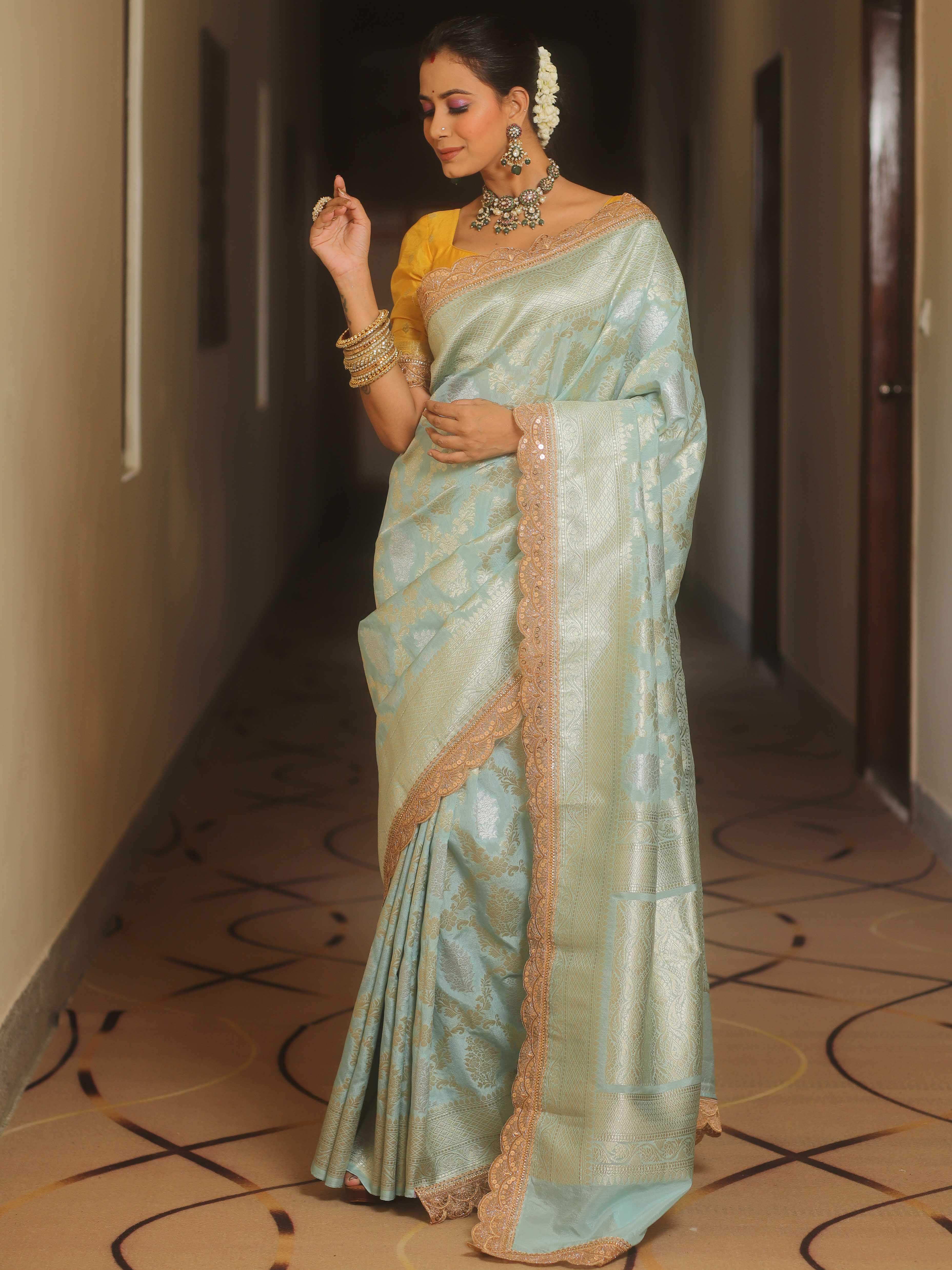 Banarasee Handwoven Georgette Saree With Zari Jaal Lace Border & Contrast Blouse-Pastel Blue