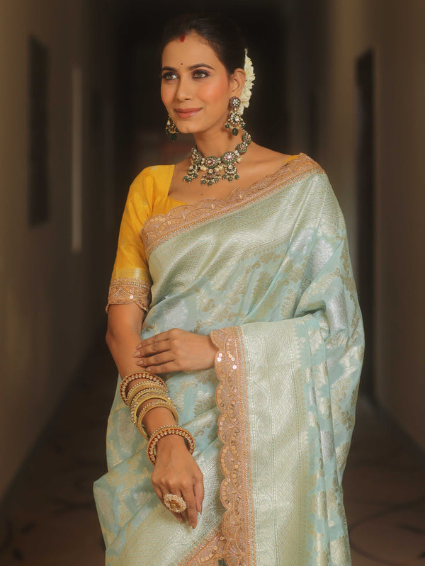 Banarasee Handwoven Georgette Saree With Zari Jaal Lace Border & Contrast Blouse-Pastel Blue