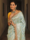 Banarasee Handwoven Georgette Saree With Zari Jaal Lace Border & Contrast Blouse-Pastel Blue