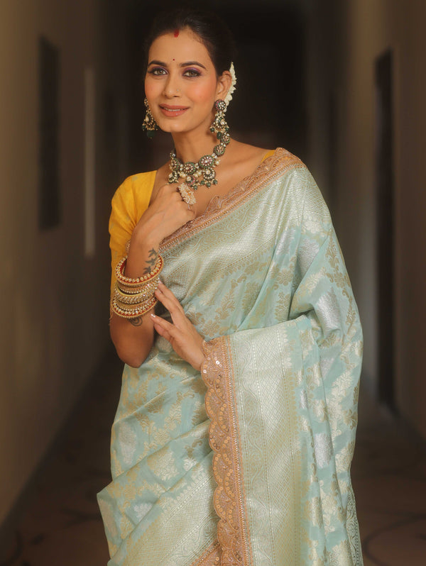 Banarasee Handwoven Georgette Saree With Zari Jaal Lace Border & Contrast Blouse-Pastel Blue