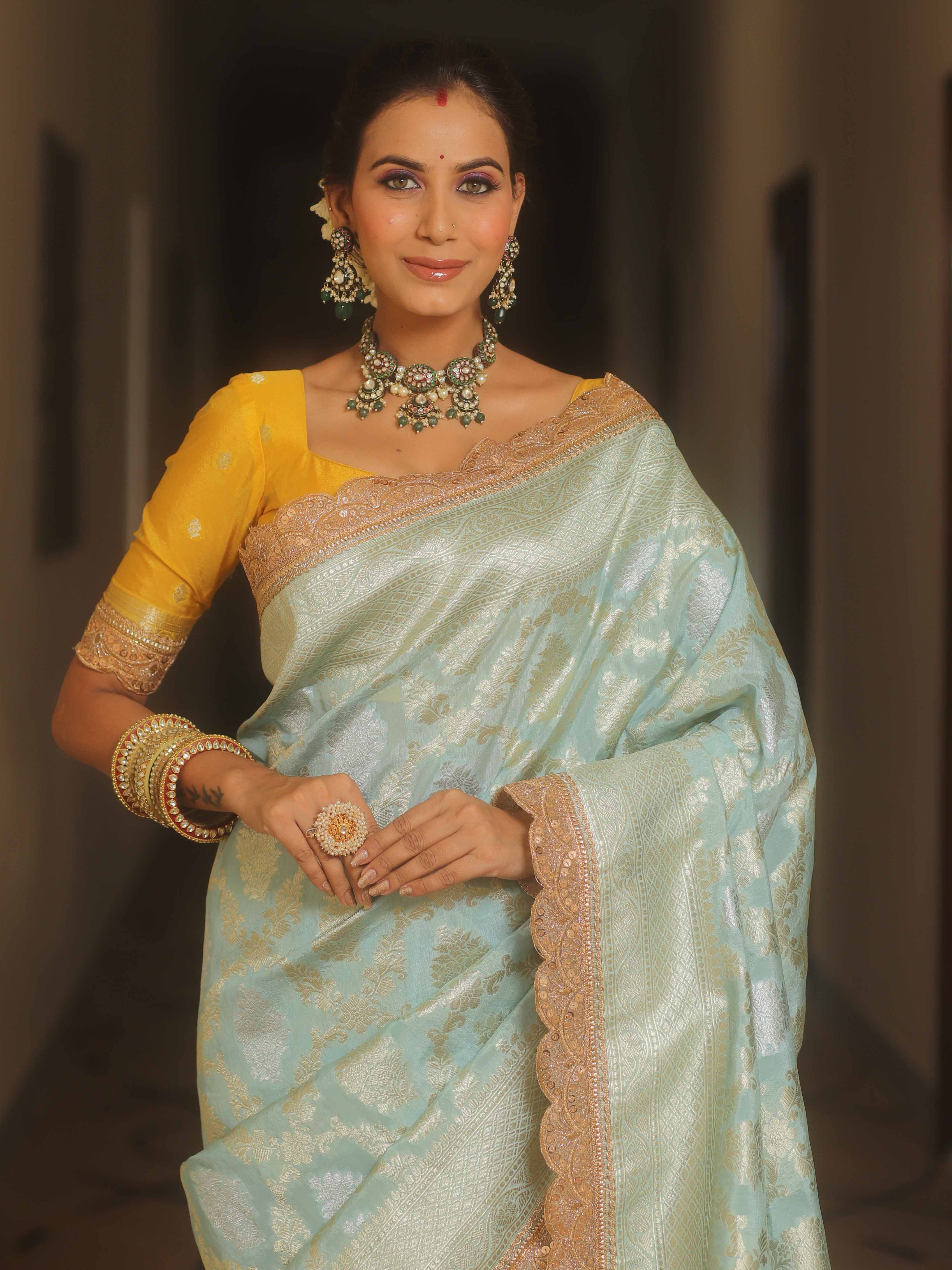 Banarasee Handwoven Georgette Saree With Zari Jaal Lace Border & Contrast Blouse-Pastel Blue