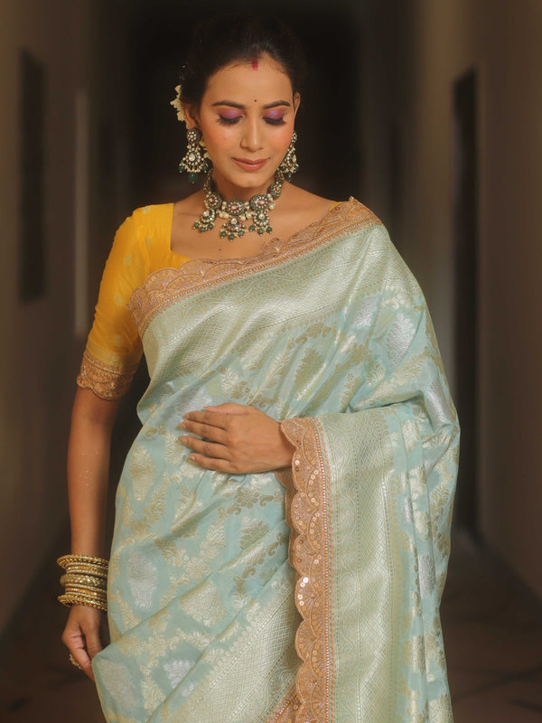 Banarasee Handwoven Georgette Saree With Zari Jaal Lace Border & Contrast Blouse-Pastel Blue