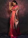 Banarasee Handwoven Broad Border Zari Jaal Design Tissue Saree-Grey & Pink