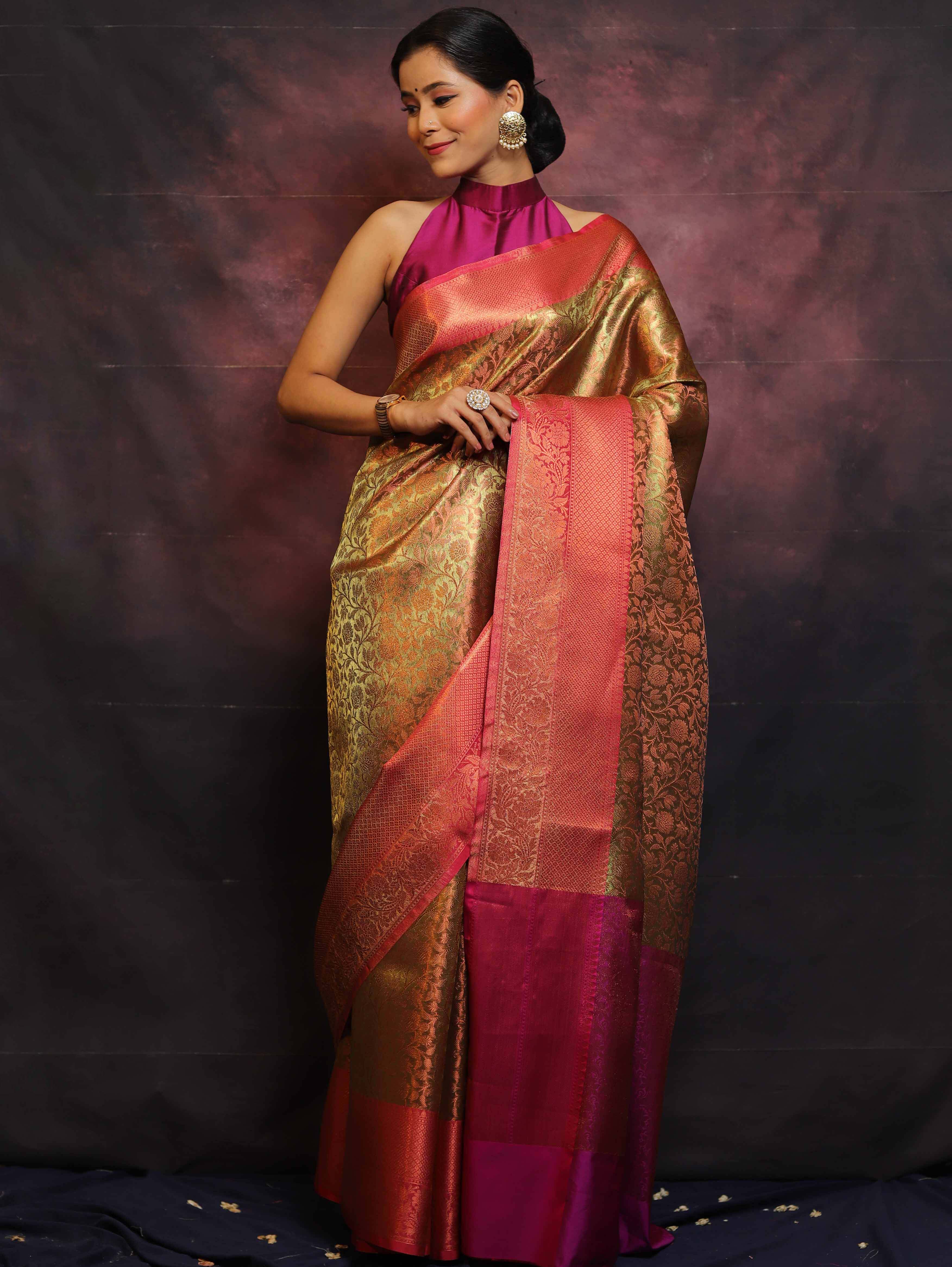 Banarasee Handwoven Broad Border Zari Jaal Design Tissue Saree-Gold & Pink