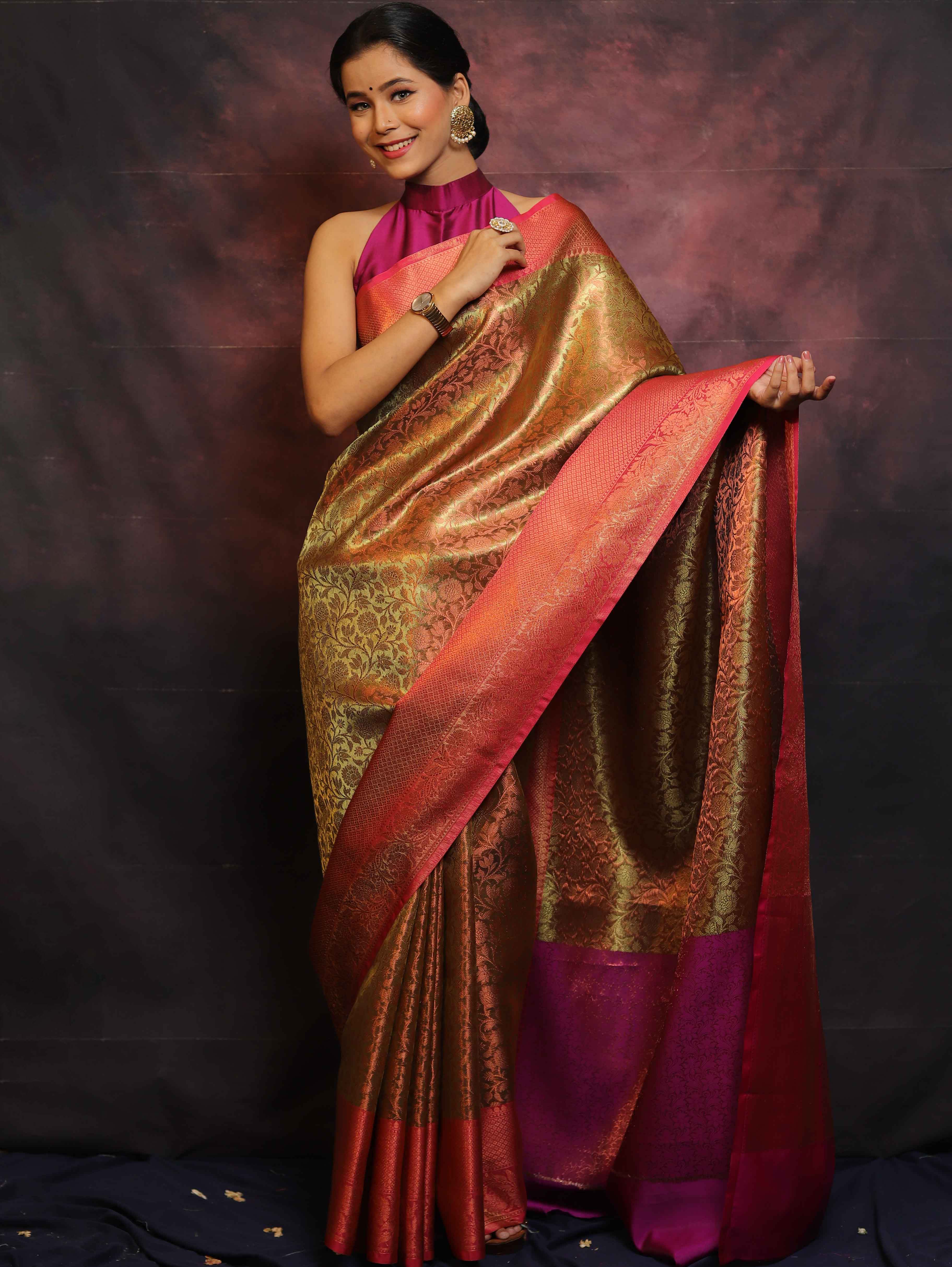 Banarasee Handwoven Broad Border Zari Jaal Design Tissue Saree-Gold & Pink