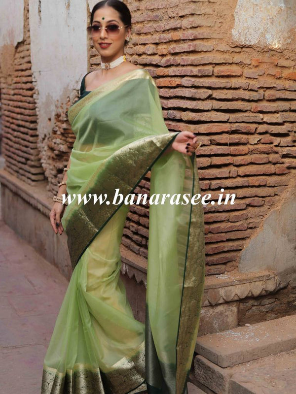 Green Organza Saree With Contrast Blouse