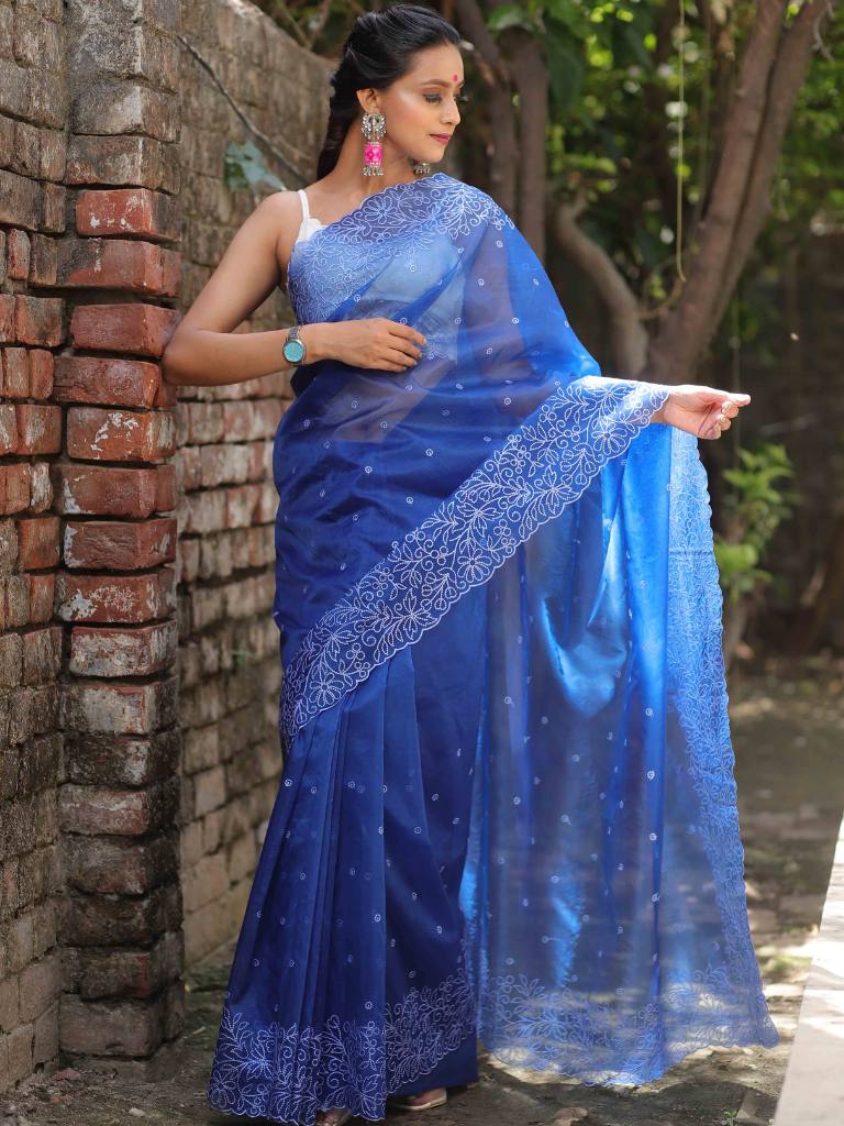 Banarasee Handwoven Organza Silk Floral Embroidered Saree-Royal Blue