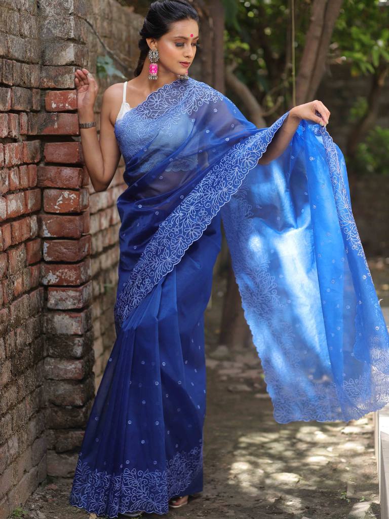 Banarasee Handwoven Organza Silk Floral Embroidered Saree-Royal Blue