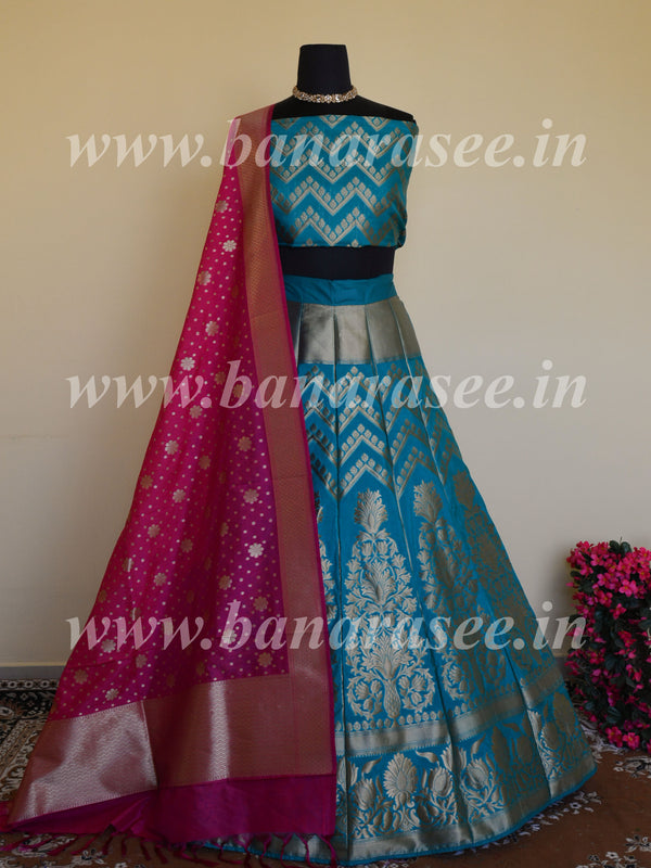 Banarasee Handwoven Art Silk Unstitched Lehenga & Blouse Fabric -Teal