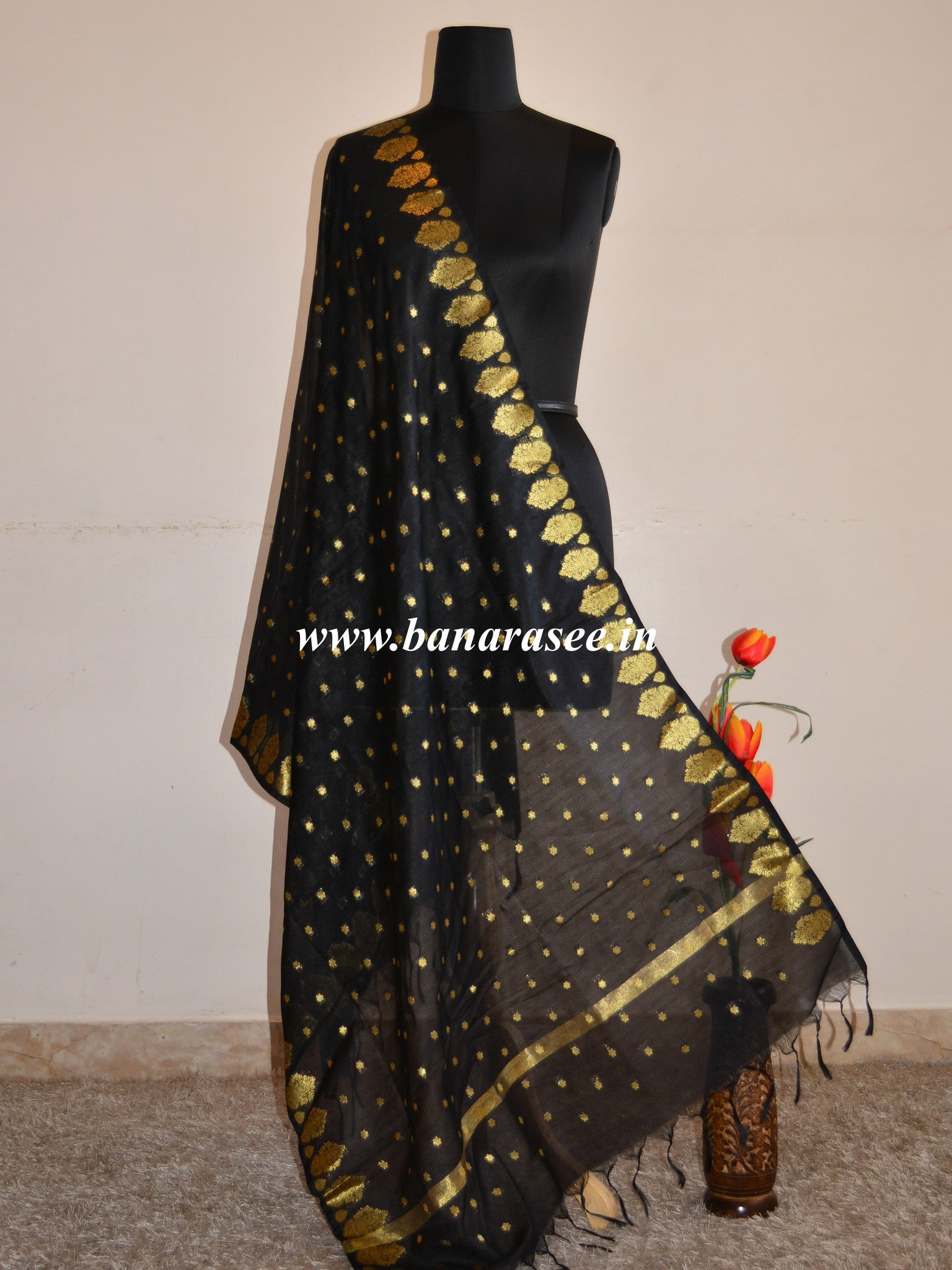 Art Silk Dupatta Vase Design on Border-Black