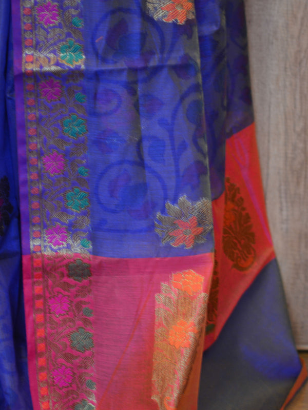 Banarasee Cotton Silk Mix Saree With Hand Printed Floral Design & Zari Border-Blue